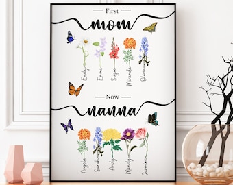 Personalized Watercolor Birth Flower First Mom Now Grandma Garden Print, Mother Day Gift, Grandma Mom Great-grandma, Custom Family Wall Art