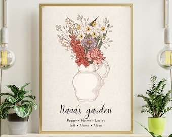 Gepersonaliseerde oma's tuinafdruk met namen kleinkinderen, aangepaste geboorte familie bloemen in vaas, beste Moederdag cadeau voor moeder, cadeau oma