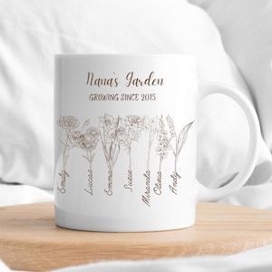 Taza personalizada con el jardín de la abuela, taza personalizada con flores de nacimiento, taza con el jardín de la abuela con nietos, Mono BirthFlowers