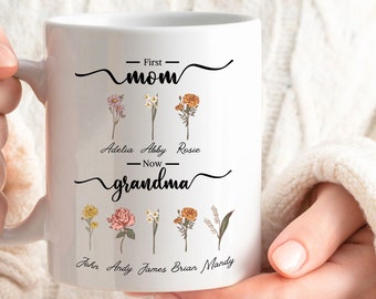 Gepersonaliseerde eerste moeder nu oma tuinmok, aangepaste familie geboorte bloemen met namen koffiemok, theemok cadeau voor moeder, oma cadeau