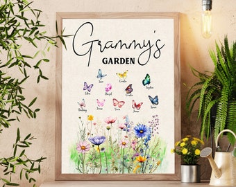 Gepersonaliseerde oma's tuinposter met vlinders, aangepaste familiegeboortebloemen en kleinkinderennaam, moederdagcadeau voor moeder, oma's cadeau