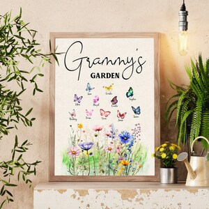 Personalized Grandma&#39;s Garden Poster with Butterflies, Custom Family Birth Flowers and Grandkids&#39; Name, Mother Day Gift for Mom, Nana&#39;s Gift