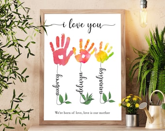 Personalized Mom Flower Hand-print Poster, Flower Handprint craft for kid, Custom Hand-print Wall Art, Custom Mother Day Gift for Nana Mom