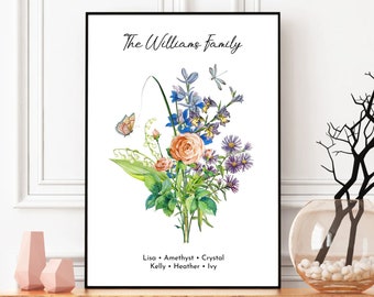 Personalized Watercolor Birth Flower Grandma Garden Print, Custom Flower Bouquet with Grandkid Name, Best Mother Day Gift for Grandma Mom