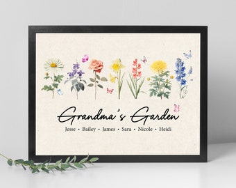 Personalized Grandma's Garden Print, Custom Watercolor Birth Flowers and Grandkid Names Wall Art, Custom Mother's Day Gift for Grandma Mom