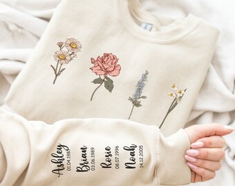 Gepersonaliseerde geboortemaand bloem sweatshirt, aangepaste naam en verjaardag sweatshirt, moederdagcadeau voor oma, moeder cadeau, moeder shirt, MaMa cadeau