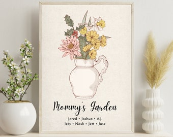 Gepersonaliseerde oma's tuinafdruk met namen kleinkinderen, aangepaste antieke geboortebloemen in vaas, Moederdagcadeau voor moeder, cadeau oma