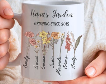 Personalized Grandma’s Garden Mug with Birth Flowers & Grandkids’ Names – Custom Coffee Cup for Mom, Nana, Mother’s Day Gift