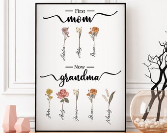 Fleurs personnalisées pour le mois de naissance, première maman maintenant, jardin de grand-mère, imprimable, cadeau de fête des mères pour grand-mère, arrière-grand-mère, téléchargement numérique