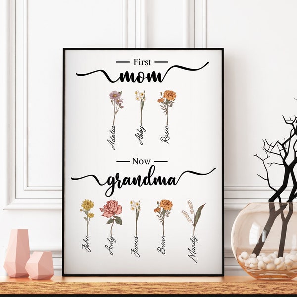 Personalized Birth Month Flowers First Mom Now Grandma Garden Printable, Mother Day Gift for Grandma Great-grandma Mom, Digital Download