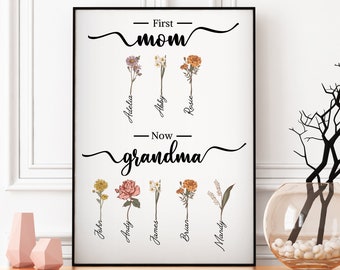 Gepersonaliseerde geboortemaand bloemen eerste moeder nu oma tuinafdruk, Moederdagcadeau voor oma, overgrootmoeder en moeder, persoonlijke familiekunst