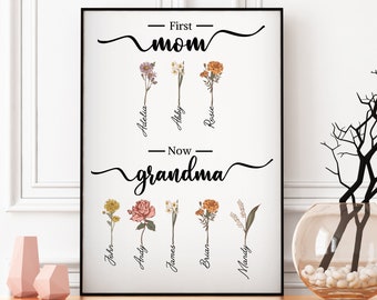 Fleurs personnalisées du mois de naissance, première maman maintenant impression de jardin de grand-mère, cadeau de fête des mères pour grand-mère, arrière-grand-mère et maman, art familial personnel