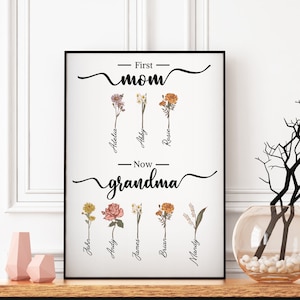 Personalisierte Geburtsmonat Blumen erste Mutter jetzt Oma Gartendruck, Muttertagsgeschenk für Oma, Uroma und Mutter, persönliche Familienkunst