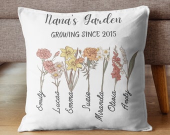 Personalized Grandma's Garden Pillow with Birthflowers, Custom Gift for Grandma and Grandkids, Perfect Christmas Present, Gift for Mom