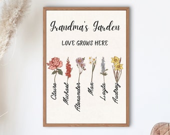 Personalized Grandma's Garden with Grandkids Names Wall Art, Custom Birth Flower Fine Print, Mother Day Gift for Great-grandma, Grandma, Mom