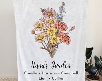 Personalized Grandma's Garden Blanket, Birth Month Flower Bouquet Blanket, Nana's Garden Throw Blanket, Gift for Grandma, Mom's Garden