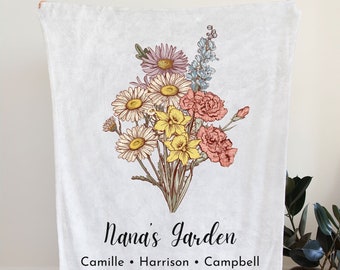 Couverture personnalisée pour grand-mère, bouquet de fleurs pour le mois de naissance, jeté pour grand-mère, cadeau pour grand-mère, jardin pour maman