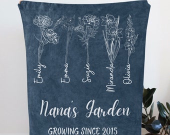 Personalized Grandma Garden Blanket, Custom Mother Day Gift for Nana Mom, Custom Grandkids' Birth Flower and Name Blanket. Grandma Gift, Mom