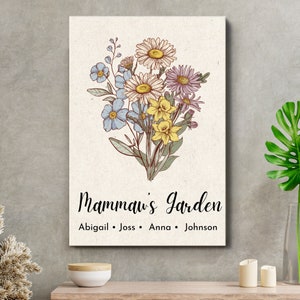 Custom Grandma&#39;s Garden Framed Canvas with Grandkids Names, Family Birth Month Flower Bouquet, Personalized Mother Day Gift for Grandma Mom