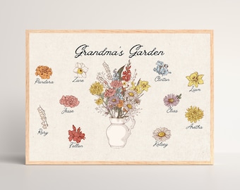Personalized Grandma's Garden Print, Custom Antique Birth Flowers and Kid Names Art, Mother Day Gift, Great-grandma Nana Mom, Wall Art Decor