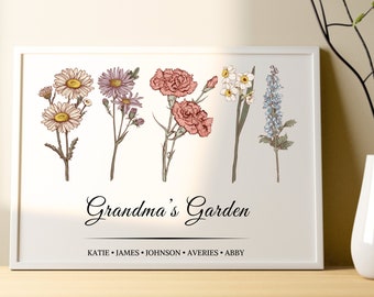 Personalized Grandma's Garden Print, Customized Birth Month Flower Wall Art, Best Mother Day Gift for Her, Gift for Grandma, Gift for Mom