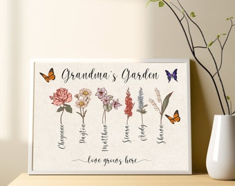 Personalized Grandma's Garden Print, Custom Birth Flowers with Butterflies and Kid Names Art, Best Mother Day Gift for Grandma, Mom's Gift