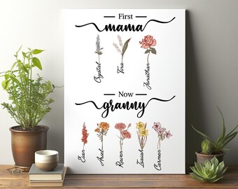 Personalized First Mom Now Grandma's Garden Framed Canvas, Custom Birth Flower and Grandkid Name, Mother Day Gift for Great-Grandma Nana Mom
