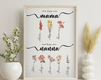 Personalized Birth Month Flowers First Mom Now Grandma Garden Print, Mother Day Gift for Grandma, Great-grandma and Mom, Personal Family Art