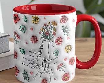 Taza personalizada de 325 ml con efecto 3D de la mano de mamá, regalo personalizado para el Día de la Madre con nombre del niño, taza de café de la abuela (hasta 6 niños)
