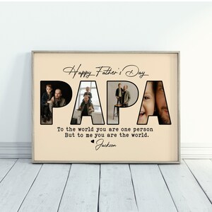 Op de afbeelding: Een ingelijste print met het woord "PAPA" in grote, zwarte letters, elk gevuld met een familiefoto. De zin "Happy Father's Day" staat erboven, met een oprechte boodschap en de naam "Jackson" eronder, voor Vaderdag.