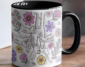 Gepersonaliseerde mok voor haar, hand in hand, keramische mok met 3D-effect, gedrukte keramische mok, Moederdag- en verjaardagscadeau voor oppas