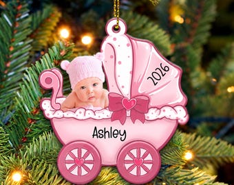 Custom Baby Carriage Ornament: Pink Blue Stroller First Christmas Decor, Newborn Holiday Gifts