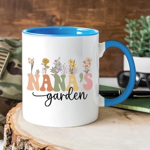 Personalisierte Omas Garten 11 Unze Akzentbecher, benutzerdefinierter Text und Geburtsblumen-Teebecher, Kaffeebecher für Oma, Geschenk für sie, Mutter Geburtstagsgeschenk