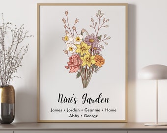 Personalized Grandma's Garden Printable with Grandkids Names, Family Birth Month Flower Bouquet, Mother Day Gift for Nana, Digital Download