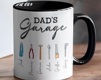 Gepersonaliseerde keramische koffiemok opa's garage met kindernamen, gepersonaliseerd cadeau papa-workshop voor papa en opa, aandenken Vaderdag 2025