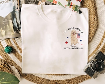 Customized Shirt Dog Bless America, Chest Pocket Print Patriotic Dog Tee, 250th Anniversary Shirt, 4th of July Gift