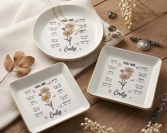 Personalized Jewelry Dish, You Are Affirmation Trinket Tray, Custom Name Ring Dish, Christian Gift for Women, Floral Holder Tray