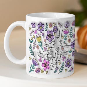 Puede incluir: Taza de cerámica blanca con un diseño floral y la palabra "Nombre" repetida varias veces. Las flores son moradas, rosas, amarillas y verdes.