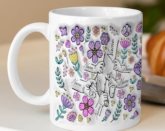 Gepersonaliseerde 3D opgeblazen effect mok oma hand in hand, aangepaste koffiemok namen kleinkinderen, kerstcadeau voor oma, Moederdagcadeau