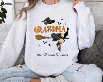 Personalized Halloween Grandma Witch Sweatshirt, Grandma Halloween Sweatshirt Custom Kids Name, Grandma Gift, Gift for Nana
