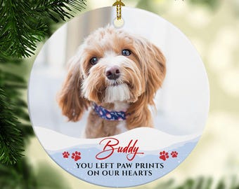 Pet Memorial Ornament - You Left Paw Prints, Custom Photo Christmas Keepsake for Dog and Cat Loss
