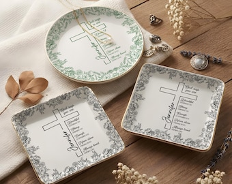 Personalized Name Jewelry Dish, Christian Cross Ring Holder, Baptism Gift for Girls, God Says You Are Trinket Tray, Floral Ceramic Dish