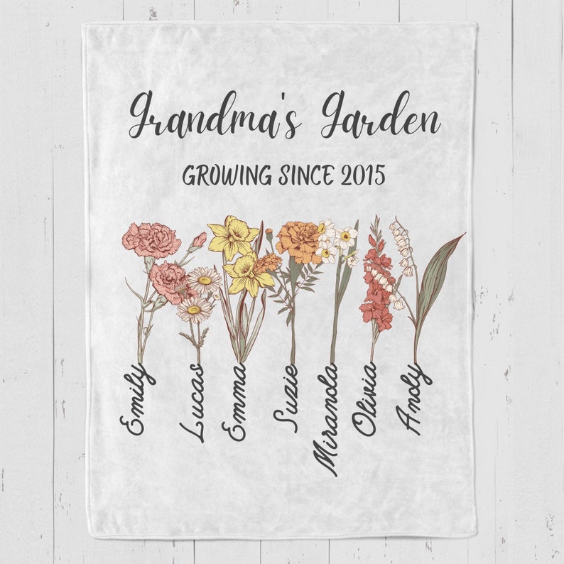 Custom Grandma's Garden Blanket, Personalized Birthflower Blanket, Grandmas Garden Blanket and Throws with Grandkids