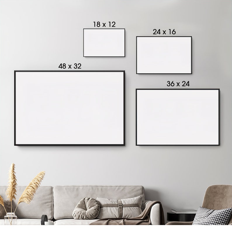 Op de afbeelding: Vier ingelijste blanco kunstdrukken in verschillende formaten: 45,7 x 30,5 cm, 61 x 40,6 cm, 91,4 x 61 cm en 121,9 x 81,3 cm. Elke print heeft een zwart frame en een witte binnenkant. De prints worden weergegeven op een lichtgrijze muur.