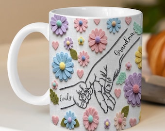 Taza personalizada con diseño de manos familiares, efecto de bordado 3D, taza con nombre personalizado, regalo de cumpleaños para mamá, idea de regalo para el Día de la Madre.