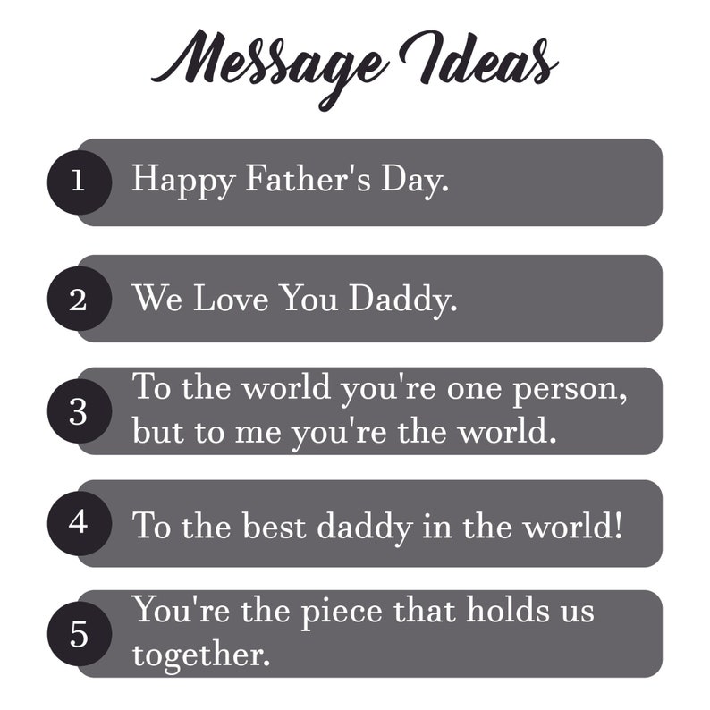 Op de afbeelding: Afbeelding met de tekst "Message Ideas" in cursief schrift. Vijf berichtidee&euml;n worden gepresenteerd in grijze rechthoeken met zwarte cirkelvormige nummers: "Happy Father's Day", "We Love You Daddy" en andere gevoelens voor Vaderdag.