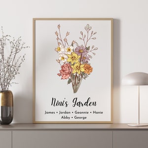 Personalized Grandma's Garden Poster with Grandkids Names, Custom Family Birth Flower Bouquet, Custom Grandma Gift Canvas, Mother Day Gift