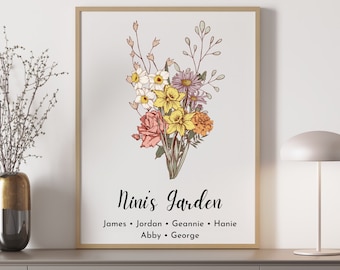 Gepersonaliseerde oma's tuinposter met namen kleinkinderen, aangepaste familie geboorte bloemboeket, aangepaste oma cadeau canvas, Moederdagcadeau