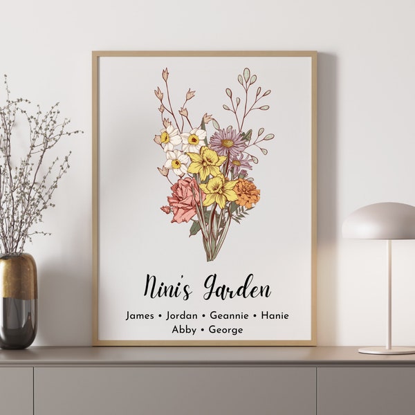 Personalized Grandma's Garden Poster with Grandkids Names, Custom Family Birth Month Flower Bouquet, Custom Canvas Gift for Mom, Nana's Gift