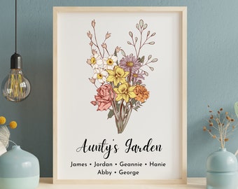 Personalized Aunt's Garden Print, Custom Vintage Birth Flowers Bouquet Art, Best Mother Day Gift for Aunt, Gift for her, Botanical Wall Art